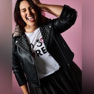 Torrid Betsey Johnson Black Faux Leather Leopard Trim Moto Jacket Size 2x